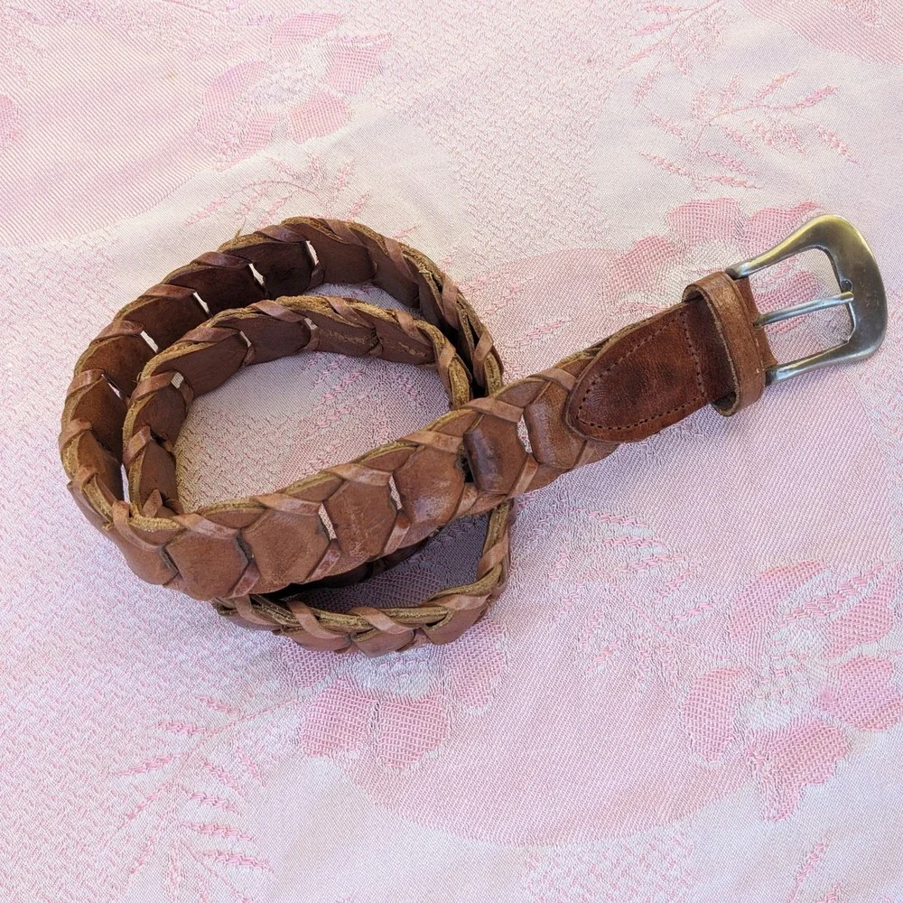 Vintage Brown Braided Woven Leather Belt‎ Buckle Western Boho Women's Medium